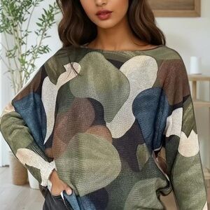 ShopEvelynne Olive Green, Navy & Cream Abstract Knit Top